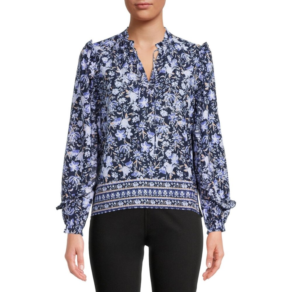 Mixed Print Ruffle Top, Periwinkle Combo - Picture 2 of 7